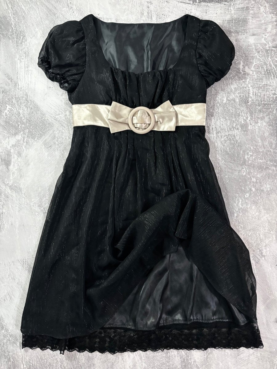 Bow Belt Babydoll Mini Dress - MIDNIGHT FAE